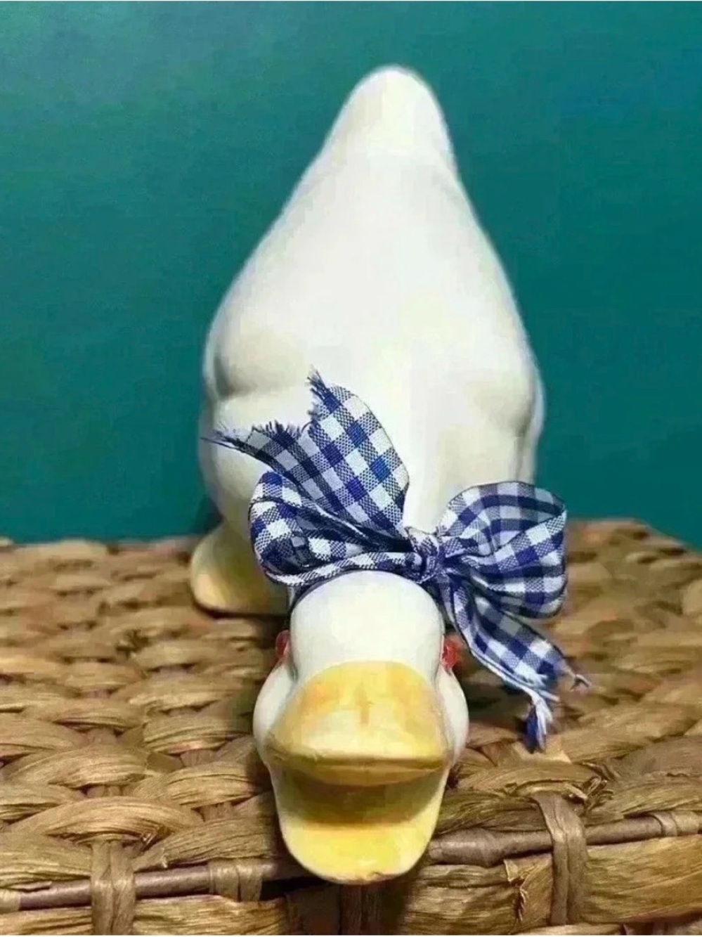 1990s Whimsical Duck Figurine with Blue Gingham Bow - Decorative Cottage Accent